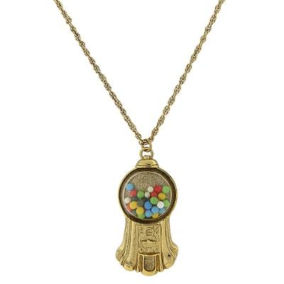 An antiqued gold-tone gumball machine pendant necklace, inspired by the 1920's classic gumball machine. Available at 1928.com.