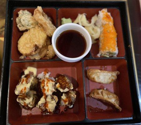 Lunch special spicy volcano bento box  Comes with all this +miso soup & salad