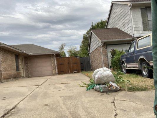 Weeds and debris from flower beds and gravel walkway