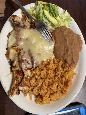 Chicken, beans and rice.