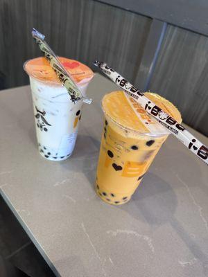 Thai tea with boba, and coconut cream with boba.