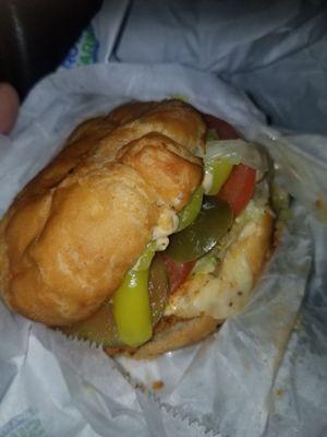 Terrific spicy chicken on a toasted croissant w/pepper jack, jalapenos, lettuce/tomato, banana peppers, onion, etc.