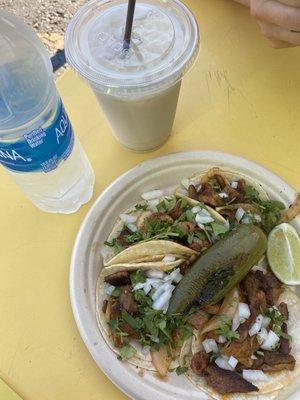 Al pastor street taco with complimentary water bottle $8.99  16 oz horchata ~$3.50