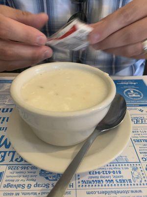 Clam chowder was homemade and excellent.