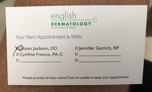 English Dermatology San Tan Valley appointment card