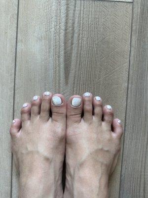 My pedicure. Classic pedicure with white gel polish and chrome on top