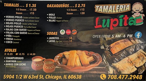 Tamaleria Lupita's menu. Everything here is available except our coconut tamales.