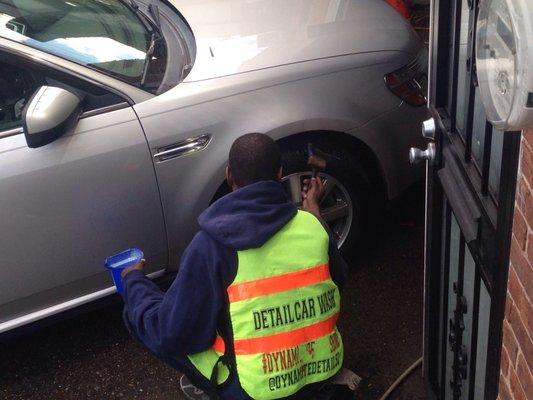 Working hard, putting shine on them tires