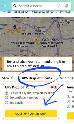 Step 1: Amazon Returns process, choose UPS Drop-off Points