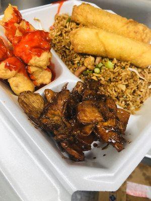 Teriyaki chicken , Egg Rolls and sweet and sour Chicken