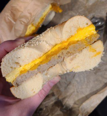 Breakfast sandwich with sausage, egg, and cheese