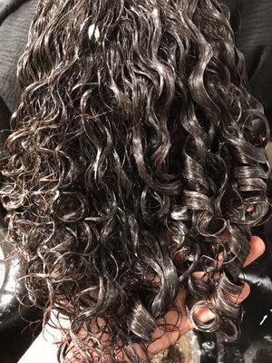 During the style lesson. Curls on the right has the conditioner distributed through the hair properly. Look at the difference!