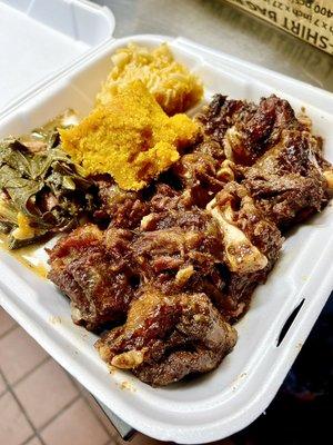 Oxtail, Greens, Mac and Cheese and Cornbread.  Soul Food Sunday Dinner