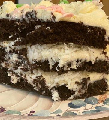 The inside of the chocolate coconut cake (not the best photo, but you get the idea)