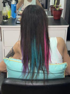 Purple, teal and pink itip extensions