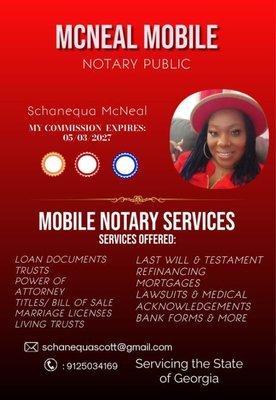 McNeal's Mobile Notary Public Services are available in Savannah, GA and surrounding areas! Contact me today!