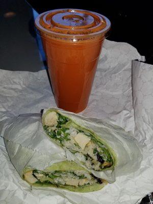 Pollo loco wrap & Carrot Me Out squeezed juice.