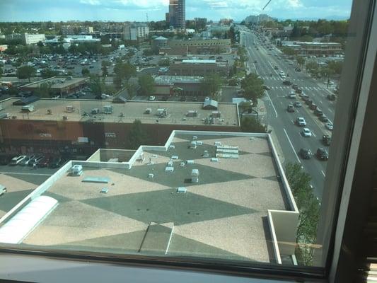 Fun roof pattern on parking garage and 24 hour fitness