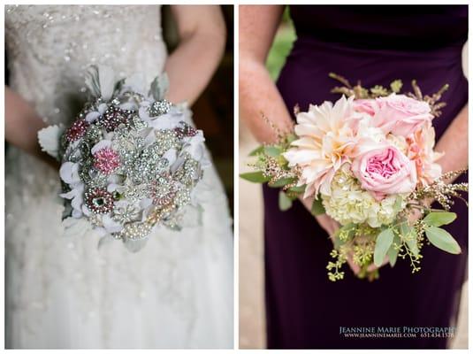 Beautiful bridal bouquet with brooches and bridesmaid bouquet.
 http://www.jeanninemarie.com/