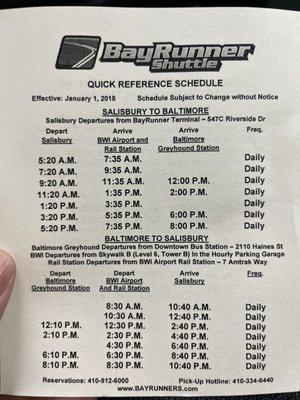 Schedule of Pickup from Salisbury Maryland.