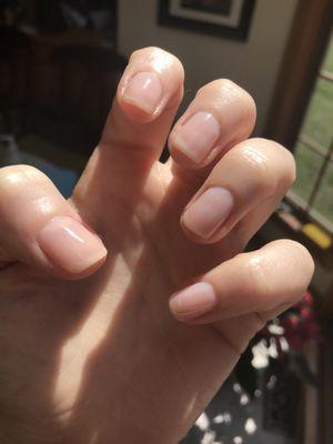 Amazing gel with cuticles perfect + hydrated, shape is excellent.