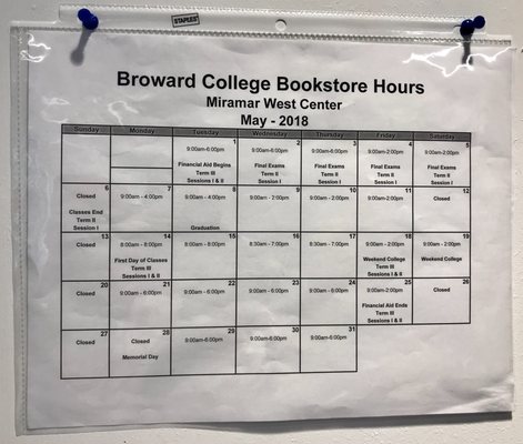 Bookstore hours - May 2018