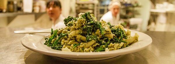 Pistachio pesto with fennel pollen and broccoli di cicco. Photo by Toby Sanderson. All rights reserved.