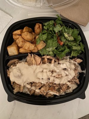 Chicken Shawarma plate, fattoush salad, spicy potatoes