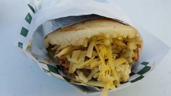 Arepas ($7) can be customized to your liking. I went with pork and cheese. Don't forget the sauces (not shown).