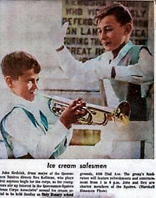 The Queensmen Squires' Rex Kellman, l, and John Siedjak in a news photo promoting the corps' ice cream social in 1967.