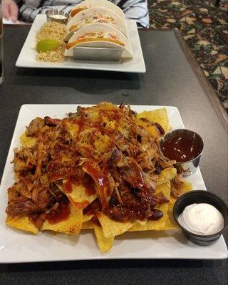 Pulled pork barbeque nachos and fish tacos