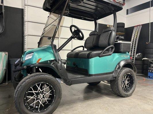 2020 Lifted Club Car ONWARD with Custom Teal body,  Stereo, USB ports, LED lights, Custom wheels, dual coolers, and more 725-269-4555