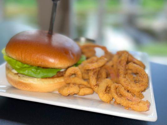 Veggie burger with fantastic pickled onion rings.