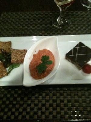 Home made crackers, roared pepper dip and dessert! Yum!