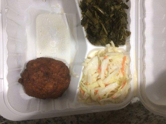 Crab cake plate with cole slaws & collard greens, $8.85. I ate one of the fresh fried crab cake before walking home.