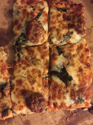 Meatball pizza with spinach, provolone and Parmesan