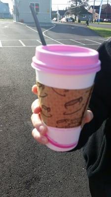 Vanilla mocha with eggnog! And pink cup for breast cancer awarness