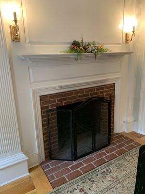 Fireplace in first room of rental suite