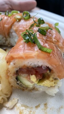 Sunshine Roll - Salmon, spicy tuna, avocado, cucumber