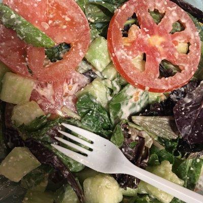 My incomplete salad with unappealing whole slices of tomato