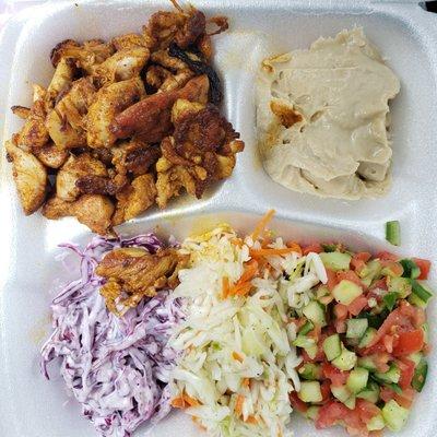 Shawarma Plate $17 after tax. 3*Stars. Veggie sides better than chicken. Hummus & Tahini, Red Cabbage w/ Mayo, White Cabbage, Israeli Salad