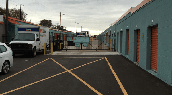 Electronic security gate at Stuff Hotel Austin on S Lamar Blvd