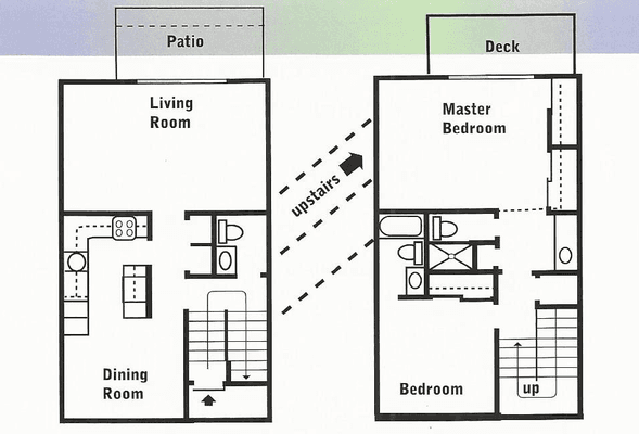 2 bed 2 bath (1215 sq.ft) townhouse floor plan