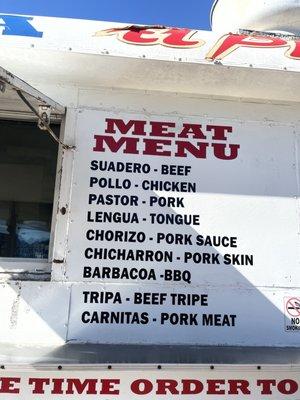 Meat menu