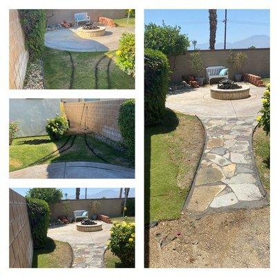 Removed patch of grass, relocated 2 sprinklers, installed thin metal border, installed flagstone w/ gray sand interlocking sand