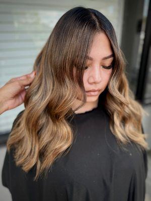 Soft balayage color correction from permanent black color