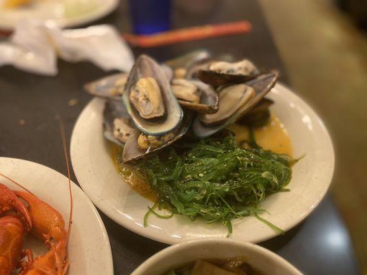 Seaweed salad and mussels