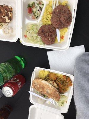 A "beef kabob" platter and Vegan rice platter