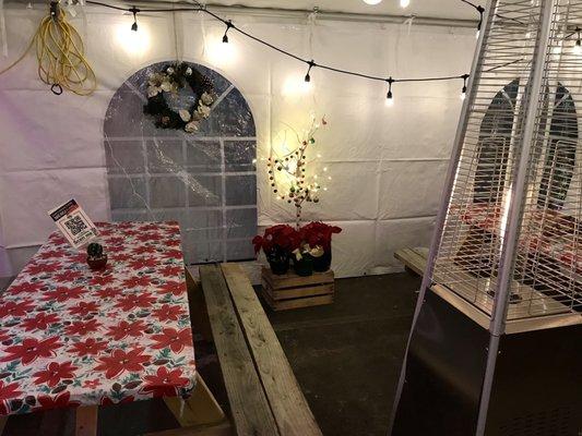 Outdoor tent for Covid, decorated for Christmas!