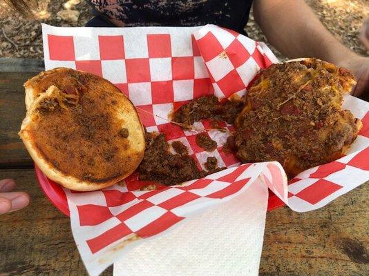 Letting it cool off.  Dry hot, cheese melted and most of the chili under the bun. Once cooked, reassembled.